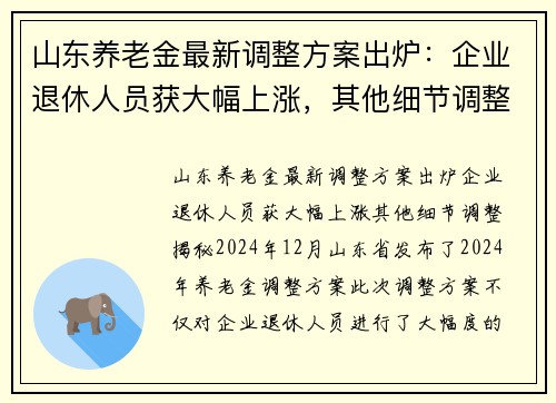 山东养老金最新调整方案出炉：企业退休人员获大幅上涨，其他细节调整揭秘