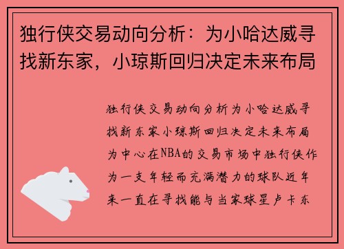 独行侠交易动向分析：为小哈达威寻找新东家，小琼斯回归决定未来布局