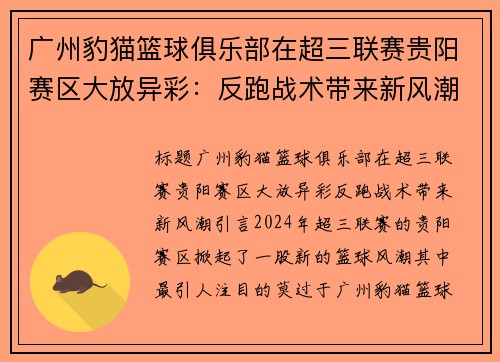 广州豹猫篮球俱乐部在超三联赛贵阳赛区大放异彩：反跑战术带来新风潮