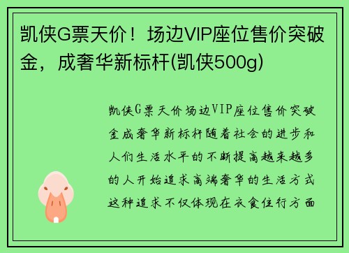 凯侠G票天价！场边VIP座位售价突破金，成奢华新标杆(凯侠500g)