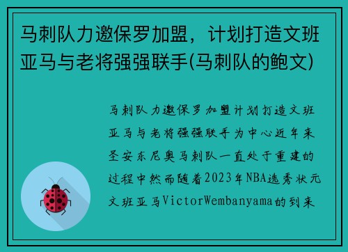 马刺队力邀保罗加盟，计划打造文班亚马与老将强强联手(马刺队的鲍文)