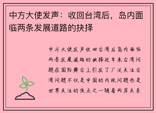 中方大使发声：收回台湾后，岛内面临两条发展道路的抉择