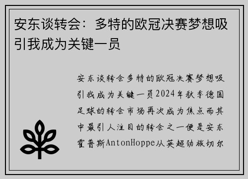 安东谈转会：多特的欧冠决赛梦想吸引我成为关键一员
