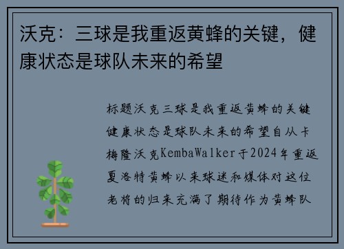 沃克：三球是我重返黄蜂的关键，健康状态是球队未来的希望