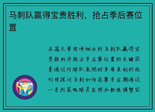 马刺队赢得宝贵胜利，抢占季后赛位置