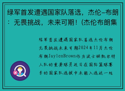 绿军首发遭遇国家队落选，杰伦-布朗：无畏挑战，未来可期！(杰伦布朗集锦)